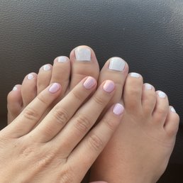 Pink gel manicure, white pedicure = $73 Pink gel manicure, white pedicure = $73