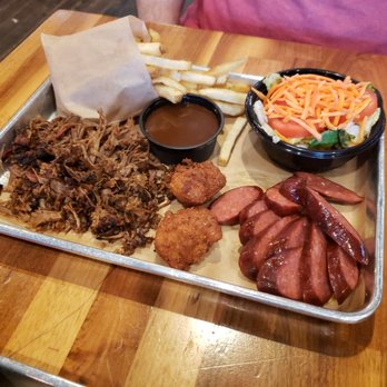 Q-BBQ - 2 meat platter...chopped beef brisket and sausage with fries and side salad. Yummy! - Barbeque Near Me - Naperville, Illinois