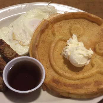 Eat'n Park - Eggs, sausage and waffle... zoom Into the egg and you'll see a complimentary hair cooked in from the kitchen staff (disgusting)! - American Near Me - Uniontown, Pennsylvania
