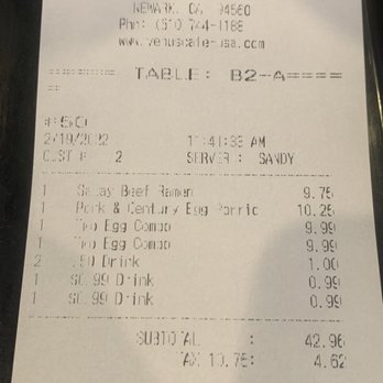 New Venus Hongkong Cafe - Receipt - Chinese Near Me - Newark, California New Venus Hongkong Cafe - Receipt - Chinese Near Me - Newark, California