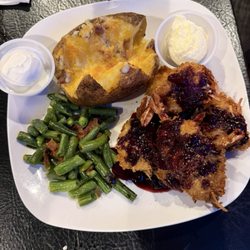 Douglas Club - Eight coconut shrimp with house made berry sauce, green beans and baked potato.
