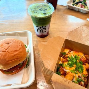 Bopomofo Cafe - New Mapo combo - Honey Walnut Shrimp burger and Mapo tater tots ($21) - Bubble Tea Near Me - Artesia, California Bopomofo Cafe - New Mapo combo - Honey Walnut Shrimp burger and Mapo tater tots ($21) - Bubble Tea Near Me - Artesia, California