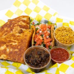 Sun Of A Vegan - Have it all combo; One large quesadilla, one taco, a side of rice, beans and salsa