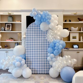 The Sonny Balloon - Light Blue and White gingham balloon arch on chiara backdrop stand - Balloon Services Near Me The Sonny Balloon - Light Blue and White gingham balloon arch on chiara backdrop stand - Balloon Services Near Me