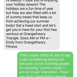 Text message from Orangetheory Fitness-Triangle shaming people from eating "yummy treats" and prioritizing a "summer body."