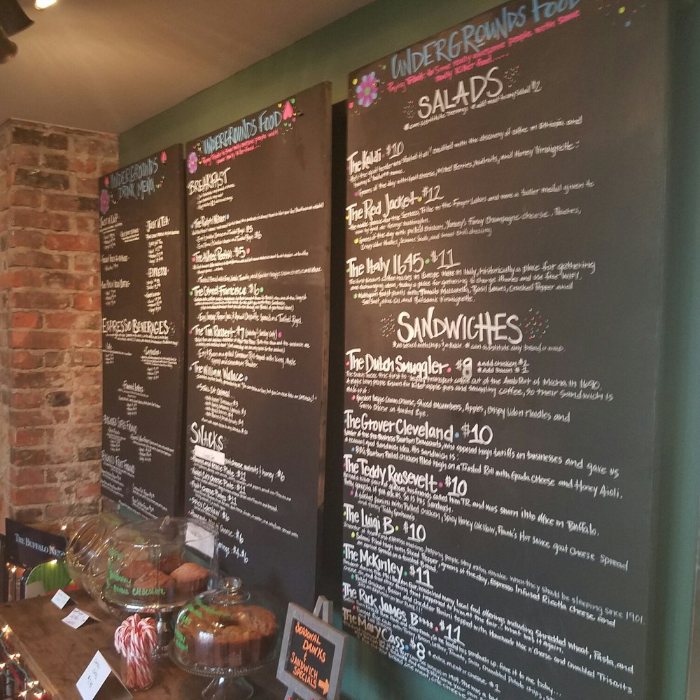 Undergrounds Coffee House and Roastery - Side view of a menu that you probably can't read and I am okay with that - Coffee Roasteries Near Me - Buffalo, New York Undergrounds Coffee House and Roastery - Side view of a menu that you probably can't read and I am okay with that - Coffee Roasteries Near Me - Buffalo, New York