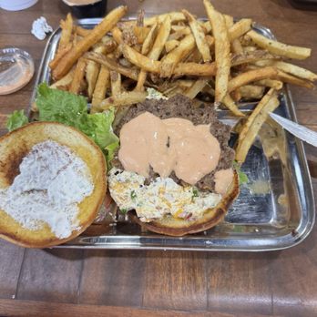 Arceneaux's on the River - Jalepeno popper burger with fries add the sauce. - Barbeque Near Me - Geismar, Louisiana Arceneaux's on the River - Jalepeno popper burger with fries add the sauce. - Barbeque Near Me - Geismar, Louisiana