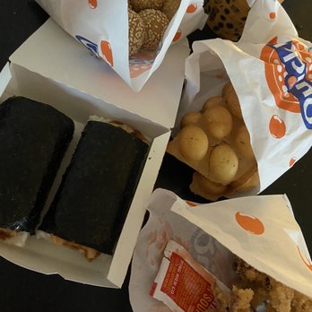 Quickly - Spam musubi (left), Fried octopus, egg puff pancakes, sesame balls & thai milk ice tea - Desserts Near Me - Petaluma, California