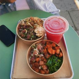 Large poke (back) and regular poke (front). Watermelon agua fresca. Large poke (back) and regular poke (front). Watermelon agua fresca.