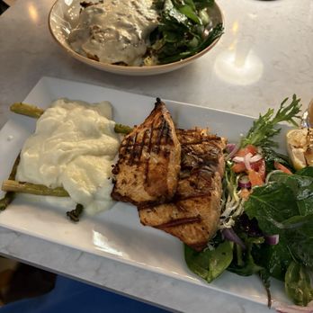 Moda Cafe and Restaurant - Grilled Chicken breast and salmon with asparagus and mashed potatoes - Turkish Near Me - Chantilly, Virginia Moda Cafe and Restaurant - Grilled Chicken breast and salmon with asparagus and mashed potatoes - Turkish Near Me - Chantilly, Virginia