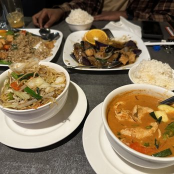 Thai Kitchen - Top left (clockwise): Spicy Fried Rice* Spicy Eggplant* Red Curry* Chow Mein (not full order; ordered a side for $5.99). - Thai Near Me - Grand Terrace, California Thai Kitchen - Top left (clockwise): Spicy Fried Rice* Spicy Eggplant* Red Curry* Chow Mein (not full order; ordered a side for $5.99). - Thai Near Me - Grand Terrace, California