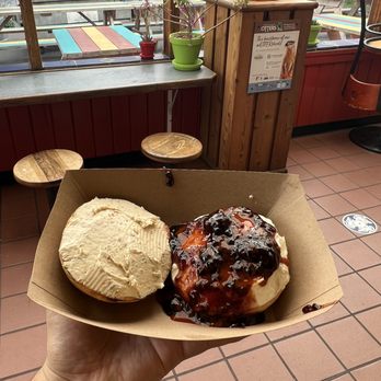 Los Bagels - left: jalapeño cream cheese right: reg cream cheese w blackberry jam - Bakeries Near Me - Arcata, California Los Bagels - left: jalapeño cream cheese right: reg cream cheese w blackberry jam - Bakeries Near Me - Arcata, California
