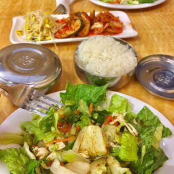 Bulgogi - Side salad with ginger dressing, soybean sprouts, cabbage/cucumber Kimchee, and rice - Korean Near Me - Greenville, South Carolina