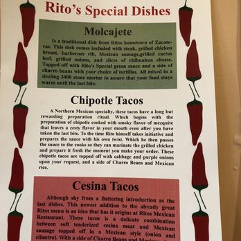 Rito's Mexican Restaurant - Special Dishes as of Feb 2020 - Mexican Near Me - Aurora, Illinois Rito's Mexican Restaurant - Special Dishes as of Feb 2020 - Mexican Near Me - Aurora, Illinois