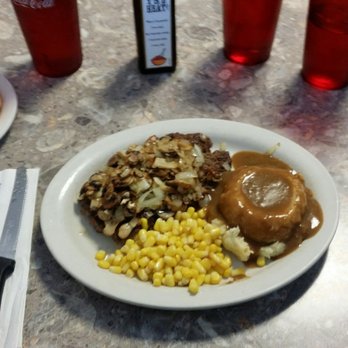 GJ's Diner - GJ's delicious sirloin chop steak with corn, mashed potates w/gravy,comes with salad or coleslaw, mushrooms and onion on the steak are extra - Diners Near Me - Garden City, Michigan