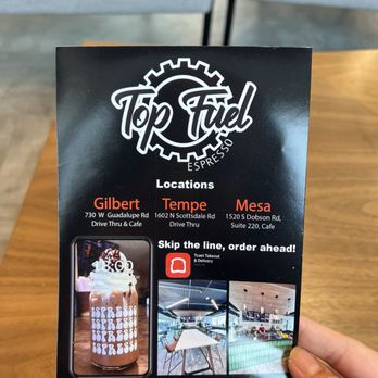 Top Fuel - Mesa - a hand holding a menu - Coffee & Tea Near Me - Mesa, Arizona