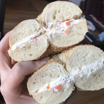 Midland Bagels & Grill - Sesame bagel with veggie cream cheese - skip the veggie cream cheese and just get regular. - Salad Near Me - Saddle Brook, New Jersey Midland Bagels & Grill - Sesame bagel with veggie cream cheese - skip the veggie cream cheese and just get regular. - Salad Near Me - Saddle Brook, New Jersey