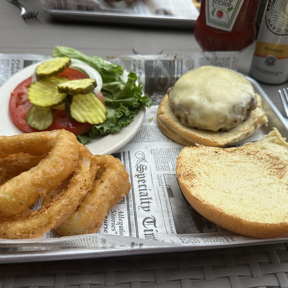 Turtle Shack - Burger with Swiss cheese, LTOP with onion rings (extra $2.50 but well worth it)! - Seafood Near Me - Palm Coast, Florida