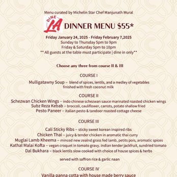 Cali Chilli - DineLA Restaurant Week 1/24/25 - 2/7/25 - Dinner Menu - Indian Near Me - Long Beach, California Cali Chilli - DineLA Restaurant Week 1/24/25 - 2/7/25 - Dinner Menu - Indian Near Me - Long Beach, California