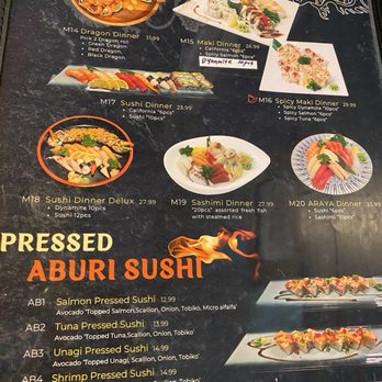 Araya Sushi - The menu features sushi, sashimi, and pressed sushi options, including Dragon Dinner, Maki Dinner, and Sushi Dinner, with prices and ingredient details. - Sushi Bars Near Me - Markham, Ontario