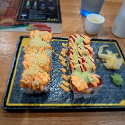 Sea Angel roll on the left, Orchard Roll on the right with hot sake