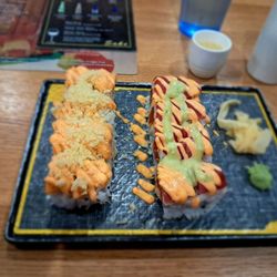 Saku Sushi - Sea Angel roll on the left, Orchard Roll on the right with hot sake