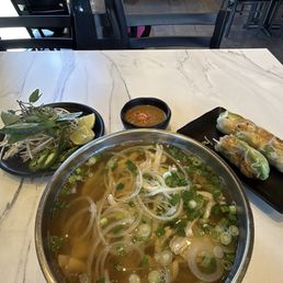 Chicken pho and shrimp avocado spring rolls