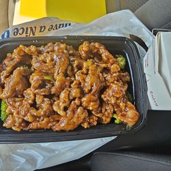 Golden Phoenix - Orange Beef. Comes on bed of broccoli w/ a side of white rice. Similar to the Beijing beef that Panda Express has, but better!
