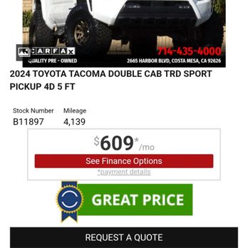 Nash Auto        - Listed as a TRD Off Road when it's really just and SR5 lifted with bigger tires and TRD emblems added on - Used Car Dealers Near Me - Costa Mesa, California