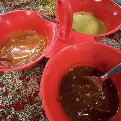 Sauces for chips, be careful, the dark red one is LIT!