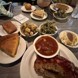 Meatloaf, fried okra, green beans, mashed potatoes, jalapeño cornbread, and sweet potato pie. Meatloaf, fried okra, green beans, mashed potatoes, jalapeño cornbread, and sweet potato pie.