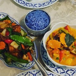 khoa Thai - Blue coconut rice, pork belly with chili and basil and roast duck curry