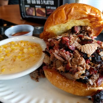 Gatlin's BBQ - Chopped brisket sandwich with creamed corn. - Barbeque Near Me - Houston, Texas