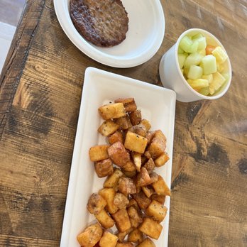 Cafe Destin - House fries?? Sausage Cup of fruit - Cafes Near Me - Destin, Florida