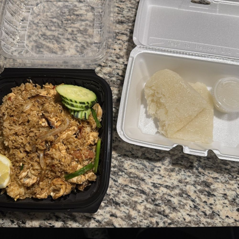 Chicken Fried Rice and Sweet Sticky Rice (missing the Fresh sliced mangos) Chicken Fried Rice and Sweet Sticky Rice (missing the Fresh sliced mangos)