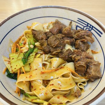 Ox 9 Lanzhou Handpulled Noodles - N.1.2   Chili Oil Noodles with Braised Beef (Wide Noodles) 红烧牛肉油泼面 (宽） - Noodles Near Me - San Mateo, California