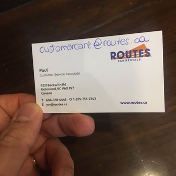 Routes Car Rental - Myself: "What are the chances of getting this refunded through e-mail?" Paul (no last name): "100%" - Car Rental Near Me - Richmond, British Columbia