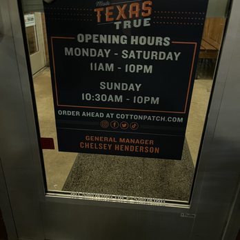 Cotton Patch Cafe - This photo shows the times they are supposed to be open. There was staff & open tables but unwilling to help us. - American Near Me - Ennis, Texas