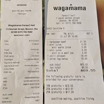wagamama - Faneuil Hall - They preset25%tips b4 letting me tap my card,was surprised it printed out immediately when I didn't even have a chance to choose the tips$! - Asian Fusion Near Me - Boston, Massachusetts wagamama - Faneuil Hall - They preset25%tips b4 letting me tap my card,was surprised it printed out immediately when I didn't even have a chance to choose the tips$! - Asian Fusion Near Me - Boston, Massachusetts