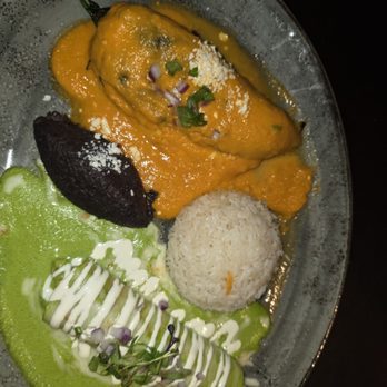 Javier’s - Lobster enchilada (my favorite) with beans and rice and polano crab stuffed pepper - Mexican Near Me - Los Angeles, California