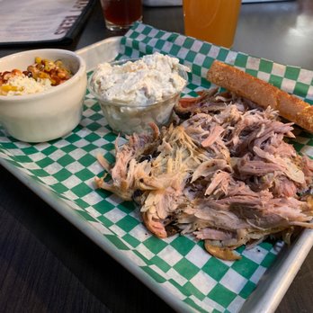 Porter Brew & Que Brewery - Plate with pulled pork, corn and potato salad - Barbeque Near Me - Dunwoody, Georgia Porter Brew & Que Brewery - Plate with pulled pork, corn and potato salad - Barbeque Near Me - Dunwoody, Georgia