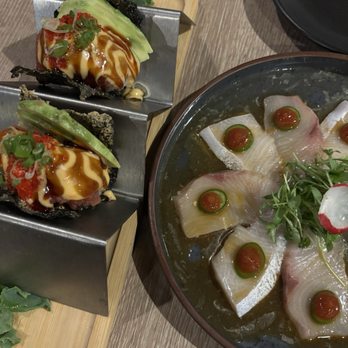Bleu Bear Sushi - Spicy Tuna Taco and Hamachi Yuzu Soy - Sushi Bars Near Me - Bedford, Texas