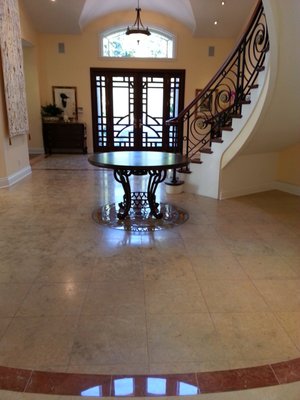 Marble Floor Polishing, Restoration, Repairs & Sealing. - WHAT IS STONE RESTORATION AND RESURFACING?
Marble floor cleaning and restoration is the restoring of worn or neglected stone to the state in which it was installed. It may also entail the altering of the stones surface to match a desired finish of the installation's owner or management. In some cases an owner may desire a polished surface to be honed.
Restoration is a process that can only be done by a professional trained stone restoration company that is licensed by the State. A maintenance or carpet cleaning company will not have the proper tools or experience to restore natural stone. The investment of knowledge, equipment and experience needed to understand and work with stone properly is greater than what your average carpet cleaning person. Marble Floor Polishing, Restoration, Repairs & Sealing. - WHAT IS STONE RESTORATION AND RESURFACING?
Marble floor cleaning and restoration is the restoring of worn or neglected stone to the state in which it was installed. It may also entail the altering of the stones surface to match a desired finish of the installation's owner or management. In some cases an owner may desire a polished surface to be honed.
Restoration is a process that can only be done by a professional trained stone restoration company that is licensed by the State. A maintenance or carpet cleaning company will not have the proper tools or experience to restore natural stone. The investment of knowledge, equipment and experience needed to understand and work with stone properly is greater than what your average carpet cleaning person.