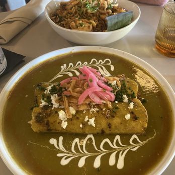 Luna Bistro Cafe - Carnitas enchiladas, spicy fried rice in the back - New American Near Me - Long Beach, California