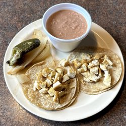 Taqueria La Nueva - Two Pollo Tacos and a Side of Beans Before a Trip to the Toppings Bar