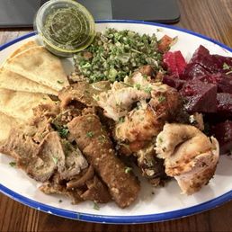 Lemon Chicken and Gyro Platter with Beets Salad and cauliflower lentils.