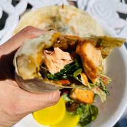 Pavilions - Prepared ready to eat salmon from Pavilion - making into salmon salad wrap, Go Greens