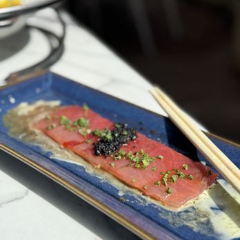 19 Raw - $23 TUNA CARPACCIO: fresh, lemon sauce & crunchy tobiko eggs. The presentation is immaculate! - Seafood Near Me - Edgartown, Massachusetts