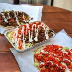 New York Chicken & Gyro - (Left to right) lamb gyro, mix platter, chicken gyro.