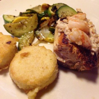 Blue Marlin - Blackened Mahi with shrimp & crab in a citrus sauce. Grit cakes rumored to be creamy on the inside and savory summer veggies. - Seafood Near Me - Columbia, South Carolina Blue Marlin - Blackened Mahi with shrimp & crab in a citrus sauce. Grit cakes rumored to be creamy on the inside and savory summer veggies. - Seafood Near Me - Columbia, South Carolina
